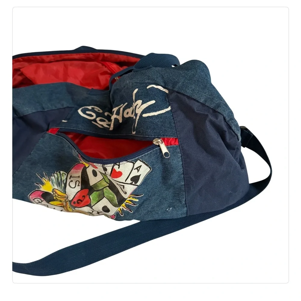 Ed Hardy denim duffle bag with crossbody strap outside pocket